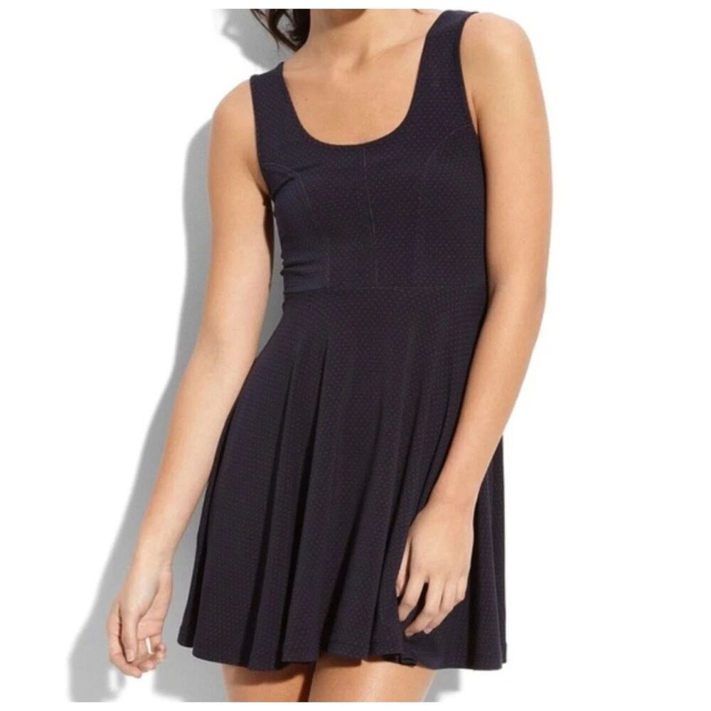 Free People Loving Lola mini "skater" dress  navy blue red micro polka dots - 8P